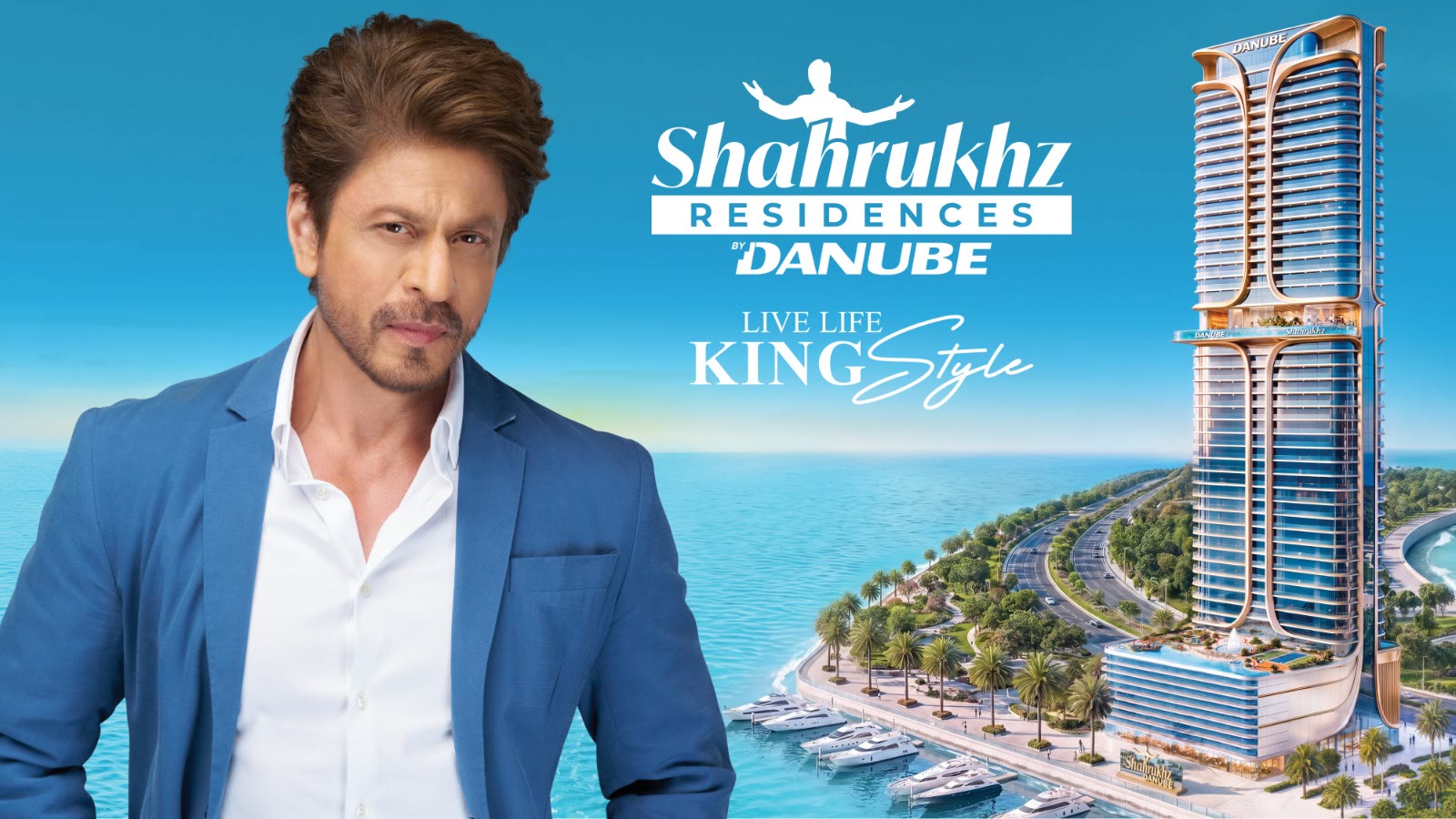 Shahrukhz Residences by Danube official launch visual with Shah Rukh Khan and the waterfront tower in Dubai Maritime City