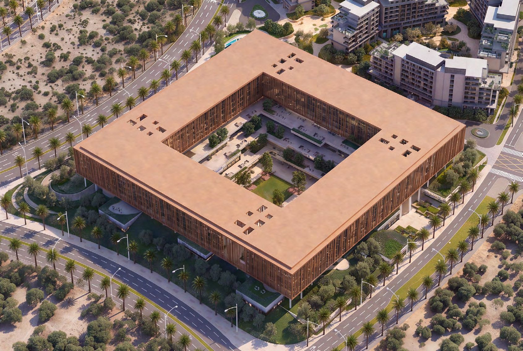 Aerial render of The Yards Plaza by BEYOND, four office blocks arranged around a landscaped central courtyard in City of Arabia, Dubai