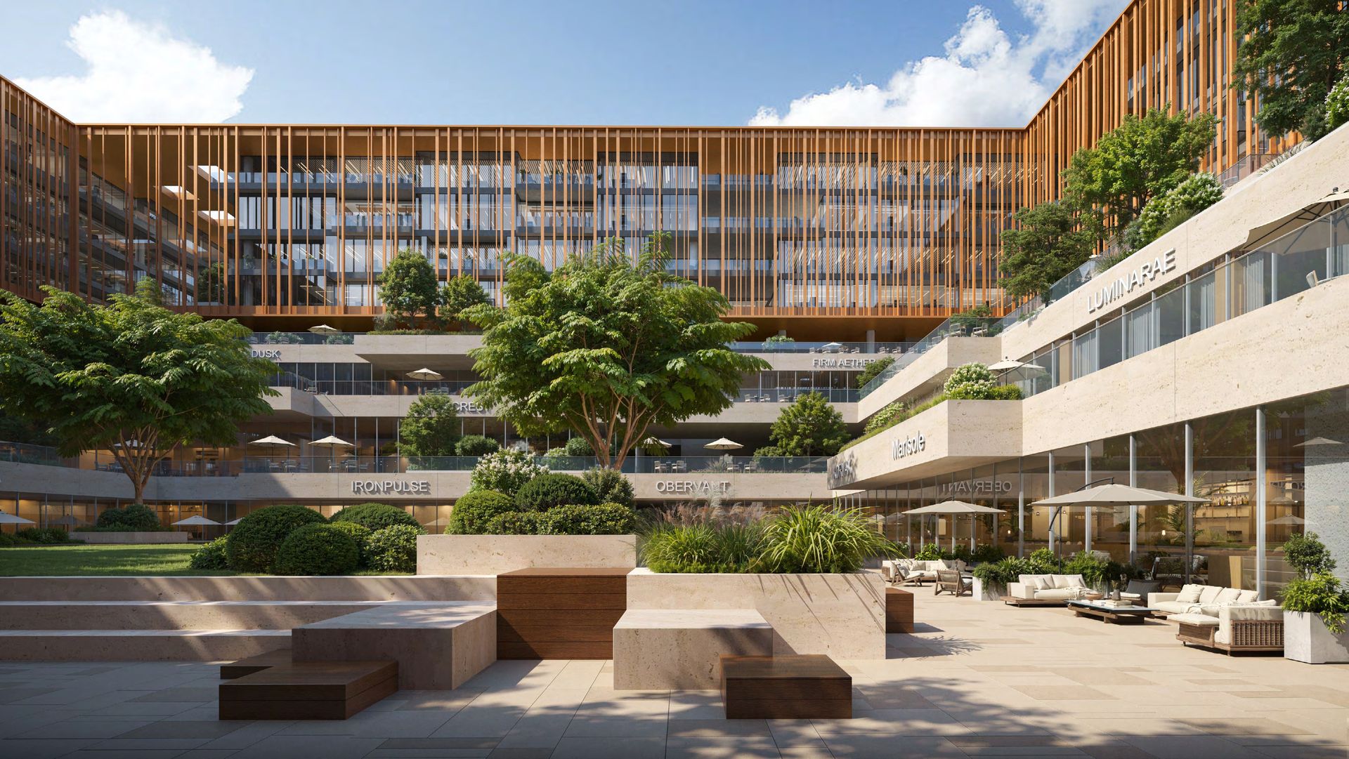 Landscaped central courtyard between the four office blocks at The Yards Plaza