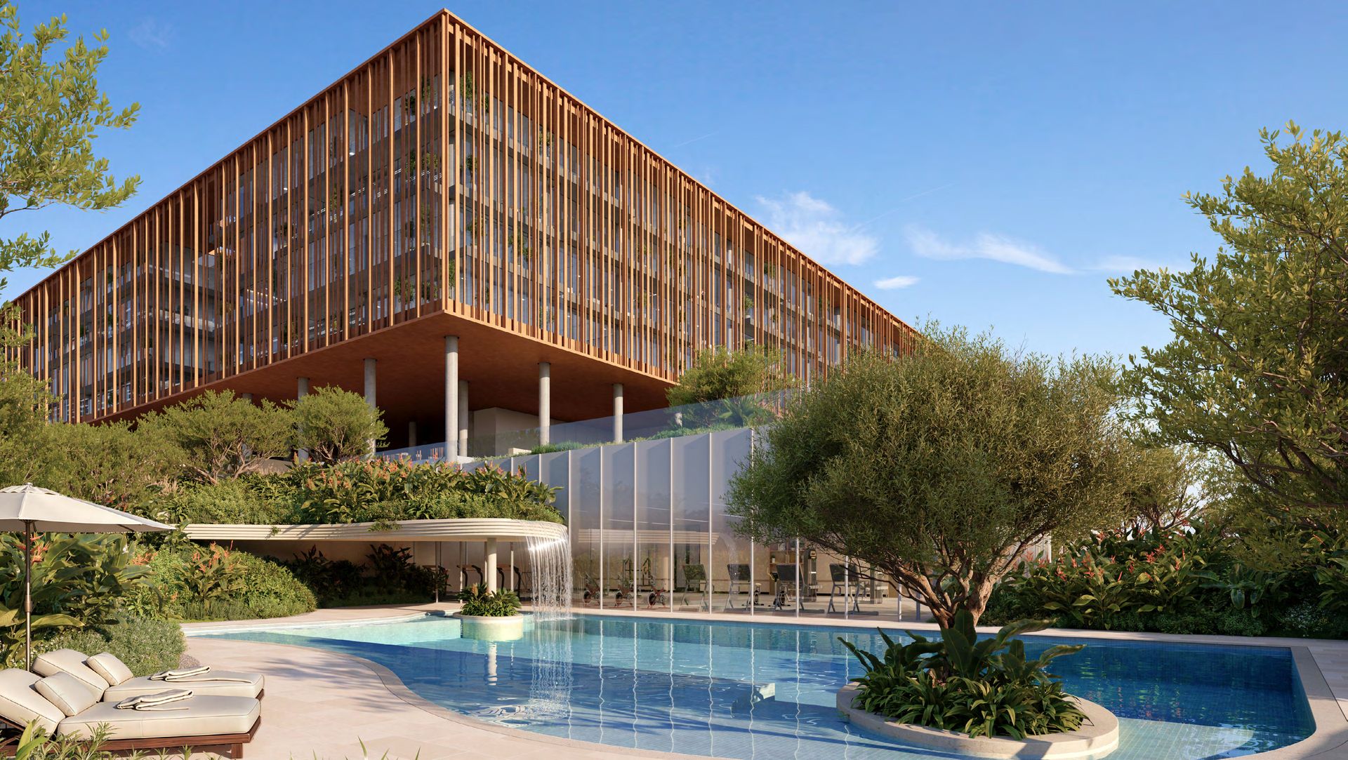 Lap pool and sun loungers beneath the office blocks at The Yards Plaza